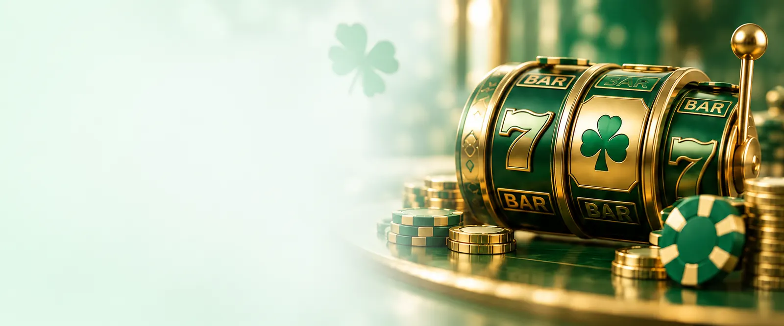 Emerald and gold online slot machine reels with an Irish shamrock symbol