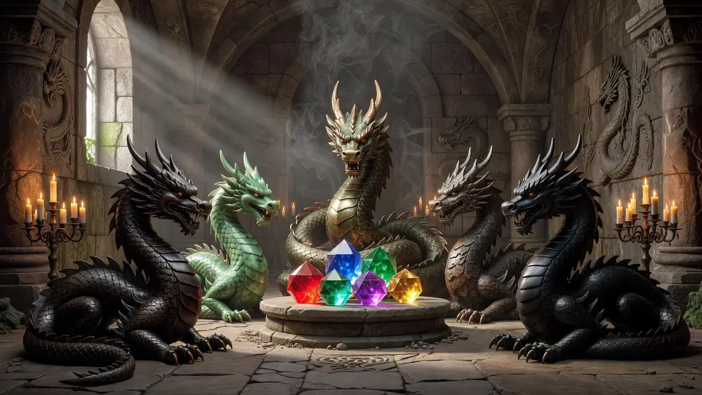5 Dragons Slots Review - Free Spins Choice, Multipliers & 243 Ways slot review theme illustration, AI-generated and not an in-game screenshot.