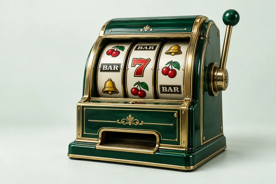 Illustration of a vintage three-reel slot machine with sevens and bar symbols