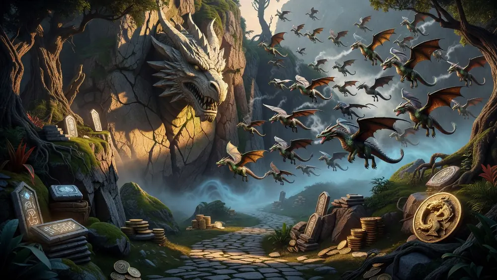 50 Dragons - 50 Paylines, Free Spins & Accumulating Wilds slot review theme illustration, AI-generated and not an in-game screenshot.