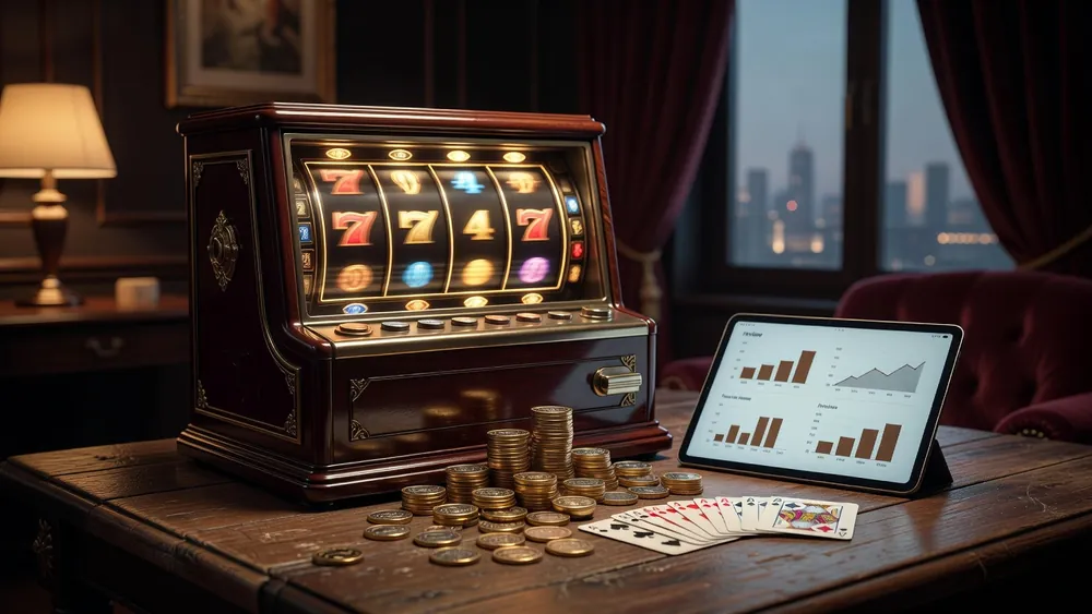 777 Slots Review - Social Casino App, Virtual Coins & Free Play slot review theme illustration, AI-generated and not an in-game screenshot.