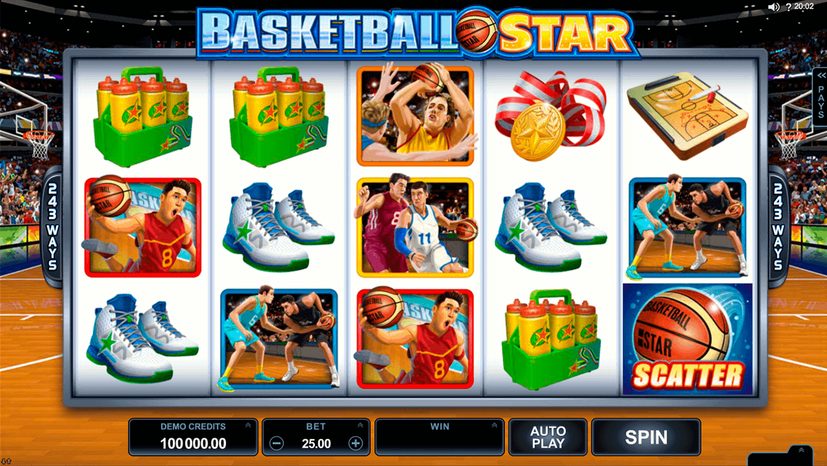 Basketball slot — Wild Shot bonus — stacked wilds trigger on a reel