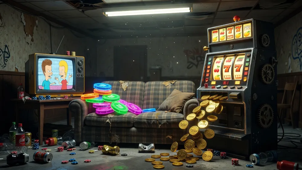 Beavis and Butt-Head Slots Review - Six Bonus Rounds, Couch Your Cash & Megaways slot review theme illustration, AI-generated and not an in-game screenshot.
