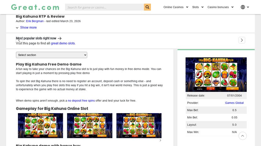 Big Kahuna — Paytable and symbol values