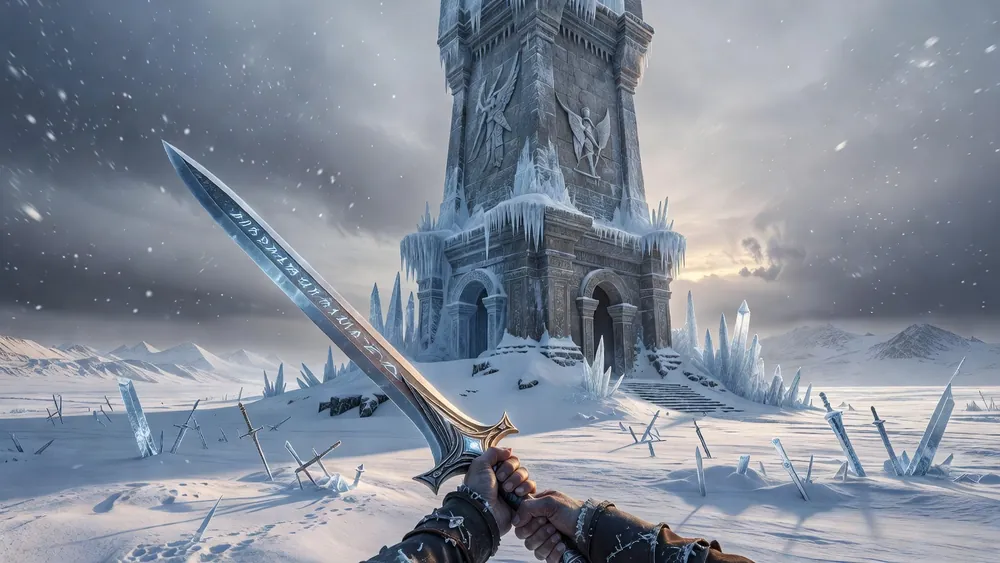 Angel Blade Kingdom of Ice Slots Review - Free Games, Temple Tower Jackpot & 25 Lines slot review theme illustration, AI-generated and not an in-game screenshot.
