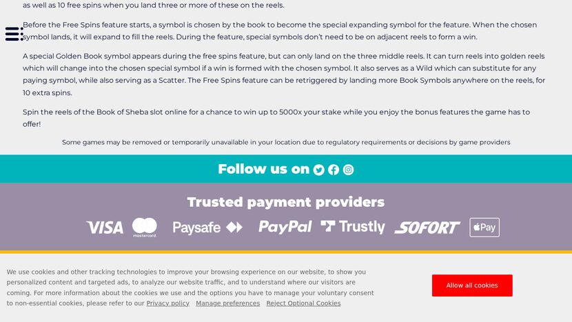 Book of Sheba — Paytable and symbol values