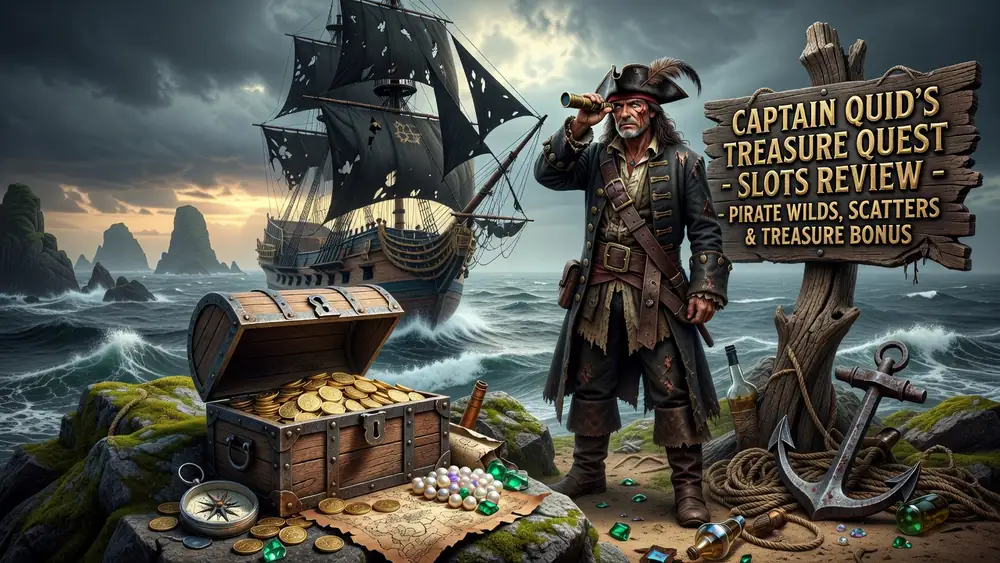Captain Quid's Treasure Quest Slots Review - Pirate Wilds, Scatters & Treasure Bonus slot review theme illustration, AI-generated and not an in-game screenshot.