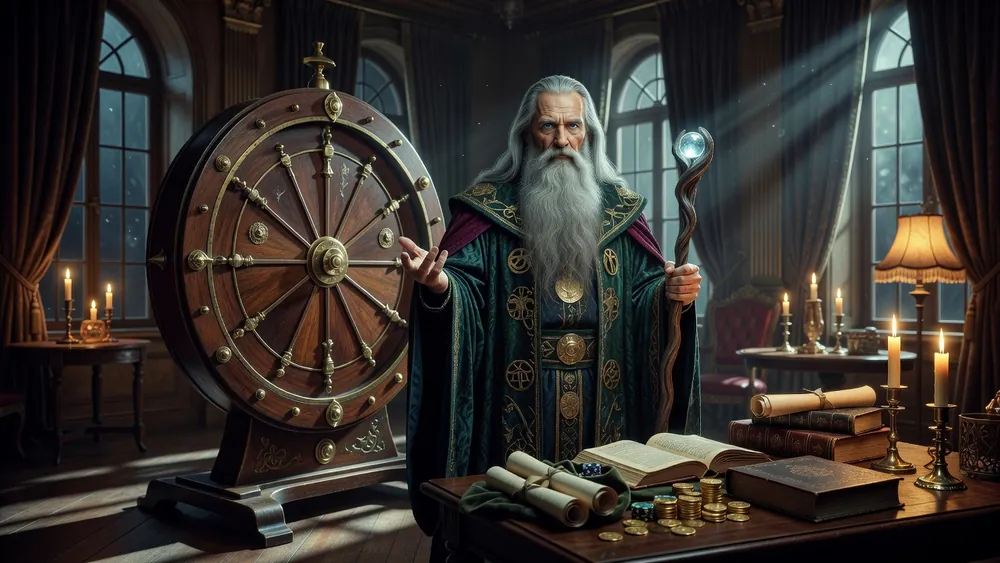 Cash Wizard Slots Review - Bally's Bonus-Packed Wizard, Wheel & Wilds slot review theme illustration, AI-generated and not an in-game screenshot.