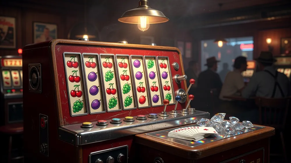 Cherry Master Slots Review - 8-Liner Classic, Diamond Bonus & Free Play slot review theme illustration, AI-generated and not an in-game screenshot.
