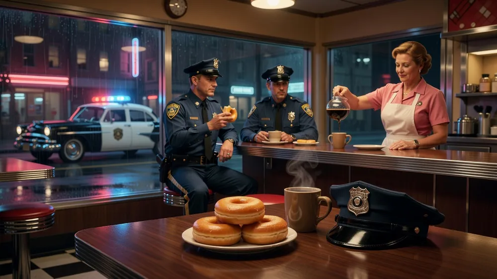 Cops and Donuts - Gameplay, Features & Free Play slot review theme illustration, AI-generated and not an in-game screenshot.