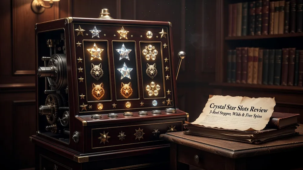 Crystal Star Slots Review - 3-Reel Stepper, Wilds & Free Spins slot review theme illustration, AI-generated and not an in-game screenshot.