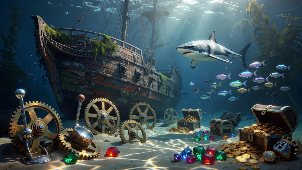 Deep Sea Treasure Slots Review - Shark Wild Multipliers, Free Spins & 95.74% RTP slot review theme illustration, AI-generated and not an in-game screenshot.