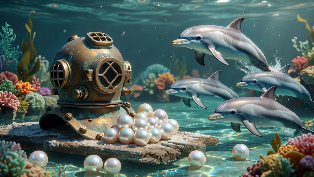 Dolphin's Pearl - Free Spins, Wild Multipliers & 10 Paylines slot review theme illustration, AI-generated and not an in-game screenshot.