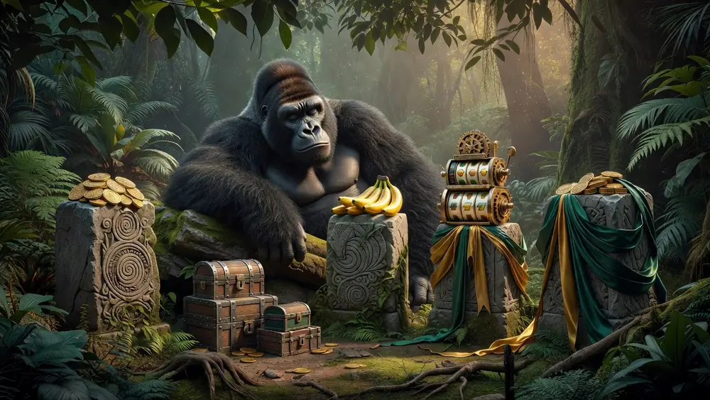 King Kong Cash Slots Review - Sleepy Kong Modifiers, Five Bonus Rounds & Free Spins slot review theme illustration, AI-generated and not an in-game screenshot.