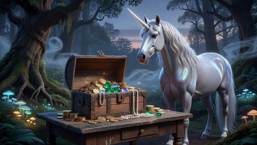 Enchanted Unicorn Slots Review - IGT Classic, Treasure Chest Bonus & Returns Version slot review theme illustration, AI-generated and not an in-game screenshot.