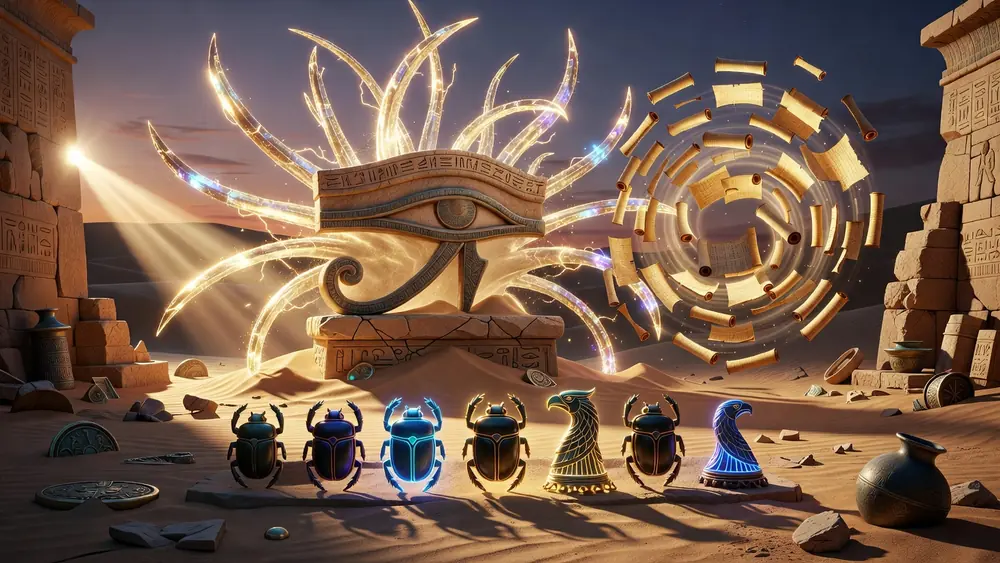 Eye of Horus Slots Review - Expanding Wilds, Free Spins & Symbol Upgrades slot review theme illustration, AI-generated and not an in-game screenshot.