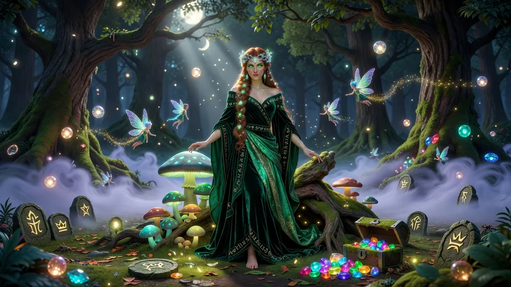 Fairy Queen Slots Review - Greentube Fantasy Slot with Free Spins & Gamble slot review theme illustration, AI-generated and not an in-game screenshot.