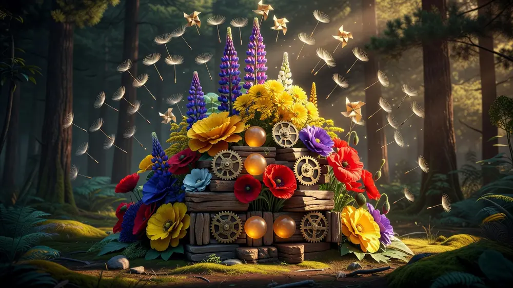 Flowers - Stacked Wilds, Double Symbols & Free Spins slot review theme illustration, AI-generated and not an in-game screenshot.