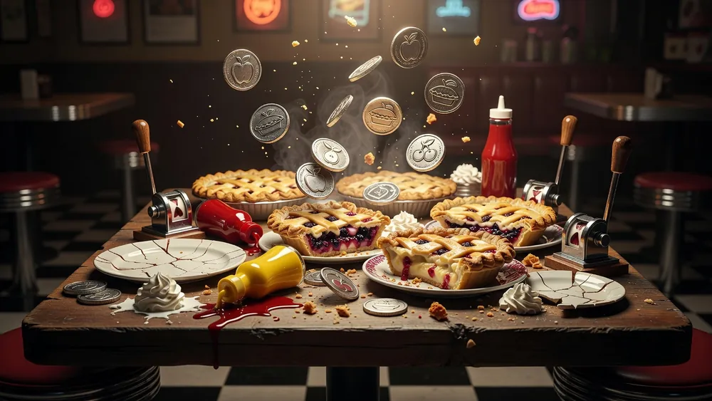 Food Fight Slots Review - 5 Reels, 9 Paylines & Pie Bonus slot review theme illustration, AI-generated and not an in-game screenshot.