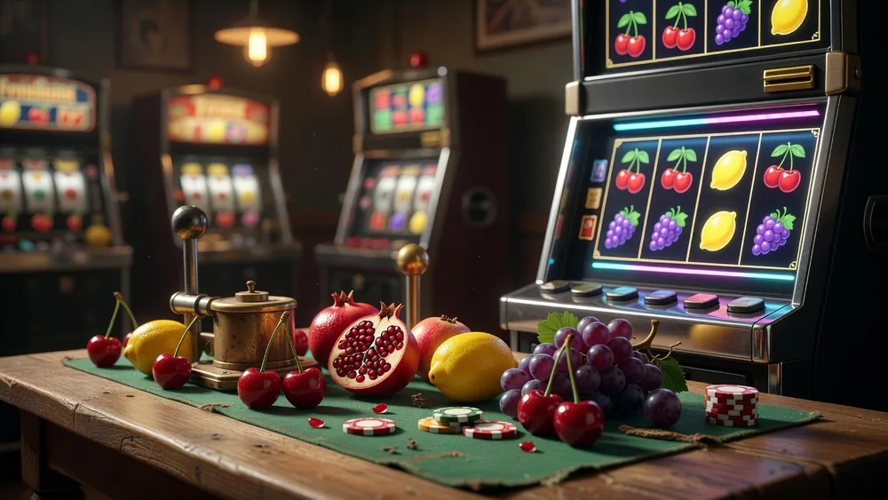 Fruit Slots Guide 2026: Classic Fruit Machines, Modern Fruit Slots & How to Play slot review theme illustration, AI-generated and not an in-game screenshot.