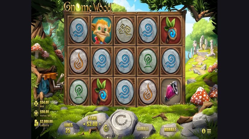 Gnome Wood slot — Base game — 25 paylines on a misty forest grid