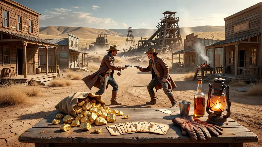 Gold Rush Showdown Slots Review - Wild West Theme, 20 Paylines & Gamble Feature slot review theme illustration, AI-generated and not an in-game screenshot.