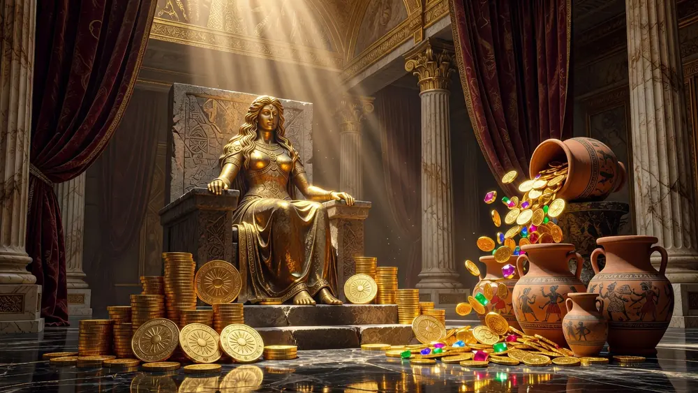 Golden Goddess Slots Review - Super Stacks, Free Spins & 40 Paylines slot review theme illustration, AI-generated and not an in-game screenshot.