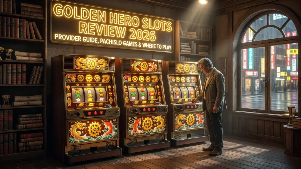 Golden Hero Slots Review 2026: Provider Guide, Pachislo Games & Where to Play slot review theme illustration, AI-generated and not an in-game screenshot.