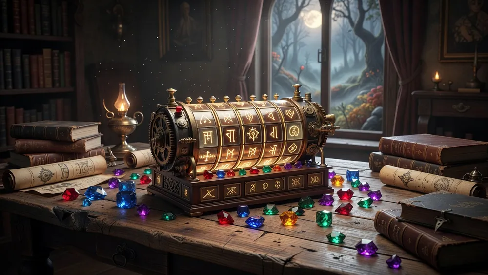 Hex Slots Review - Mystery Symbols, Expanding Reels & 1,024 Ways slot review theme illustration, AI-generated and not an in-game screenshot.