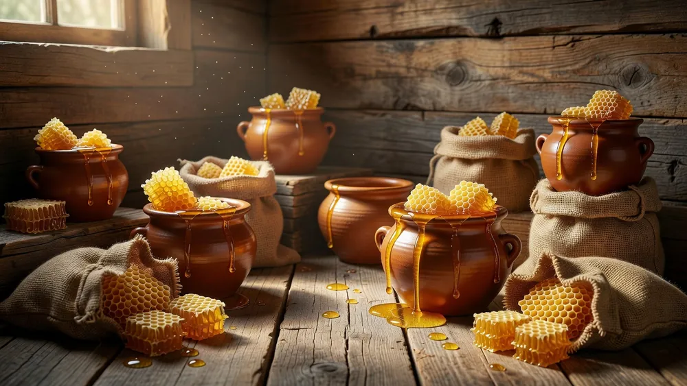 Honeycomb Slots Review - Konami's Lucky Honeycomb Fortune Pots & Fortune Bags slot review theme illustration, AI-generated and not an in-game screenshot.