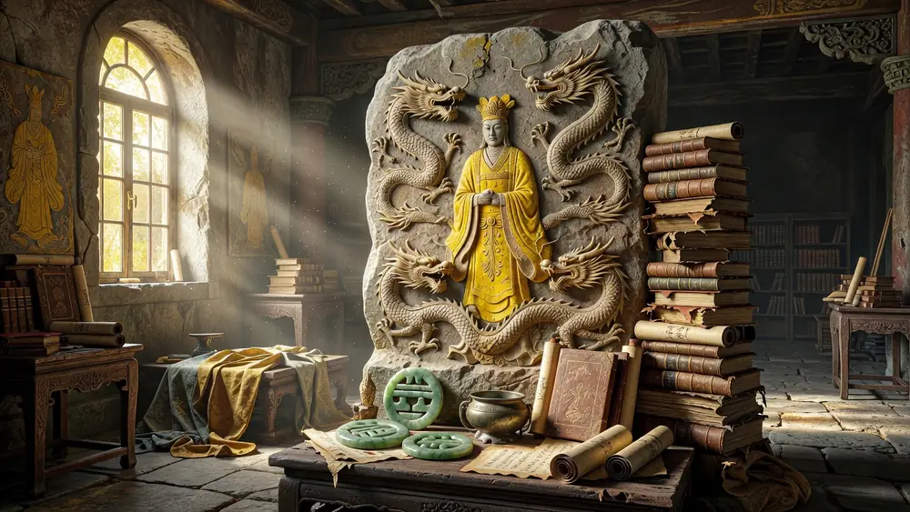 Huangdi The Yellow Emperor Slots Review - Expanding Reels, Stacked Wilds & 15 Free Spins slot review theme illustration, AI-generated and not an in-game screenshot.