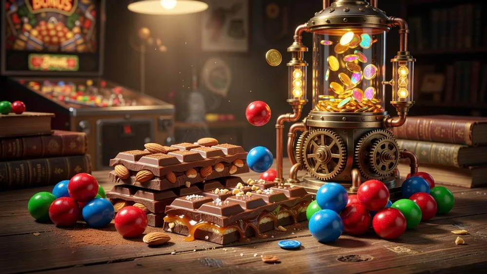Candy Bars Slots Review: Stacked Symbols, Gumball Wilds & Progressive Jackpots slot review theme illustration, AI-generated and not an in-game screenshot.
