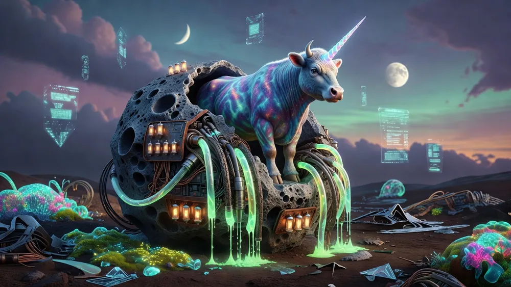 Invaders from the Planet Moolah: Cascading Reels, Free Games & the Unicow slot review theme illustration, AI-generated and not an in-game screenshot.