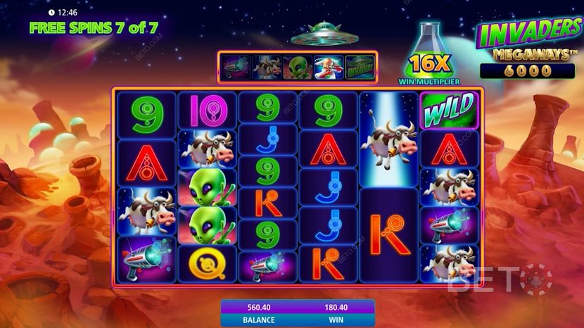 Invaders Megaways slot — UFO Wild Selector converting a symbol on reels 2-5