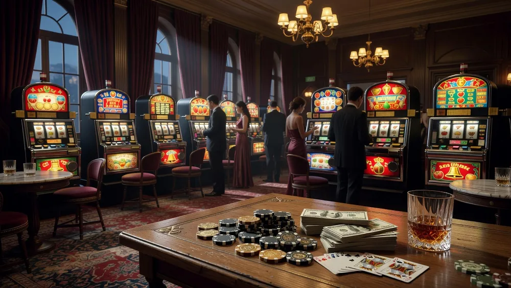 Jackpot Party Slots Review - Social Casino, 300+ Slots & Free Coins slot review theme illustration, AI-generated and not an in-game screenshot.