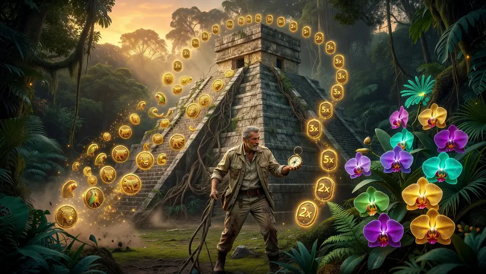 Jungle Jim El Dorado - Cascading Reels, Multiplier Trail & Free Spins slot review theme illustration, AI-generated and not an in-game screenshot.