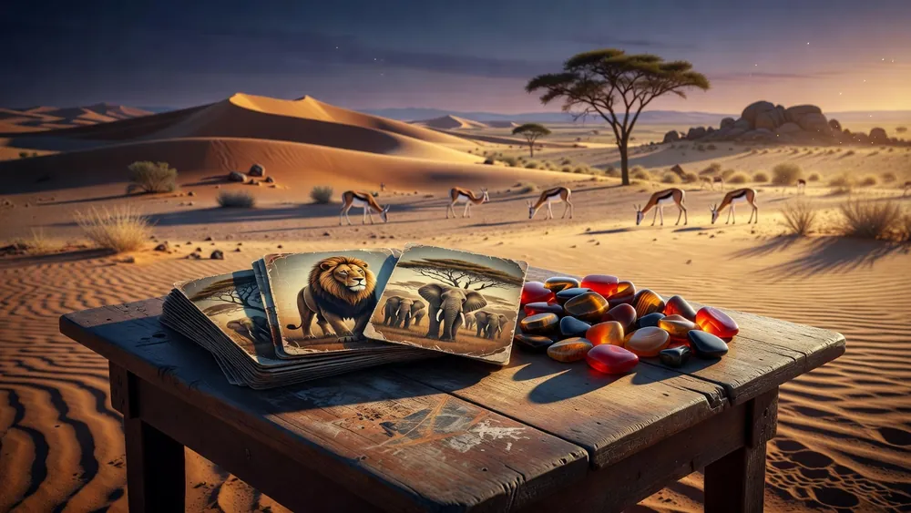 Kalahari Safari Slots Review - 1,024 Ways to Win, Stacked Wilds & Free Spins slot review theme illustration, AI-generated and not an in-game screenshot.