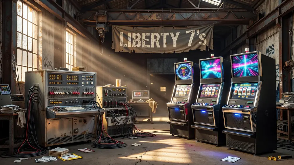 Liberty 7's - WGS Technology Classic vs Land-Based AGS Liberty 7s slot review theme illustration, AI-generated and not an in-game screenshot.
