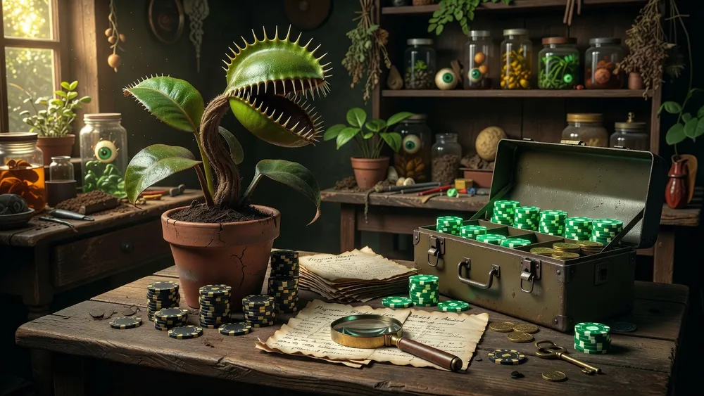 Little Shop of Horrors Slots Review - Mean Green Mother Free Spins, Progressives & Pick Bonuses slot review theme illustration, AI-generated and not an in-game screenshot.