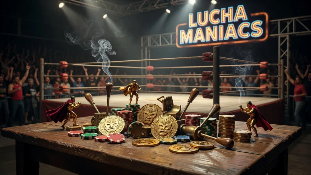 Lucha Maniacs Slots Review - Retriggering Free Spins, Golden Bet & Feature Combos slot review theme illustration, AI-generated and not an in-game screenshot.