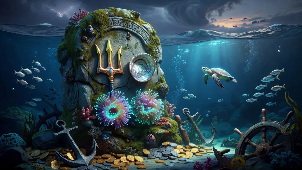 Majestic Sea Slots Review - Split Symbols, 30 Paylines & Free Games slot review theme illustration, AI-generated and not an in-game screenshot.