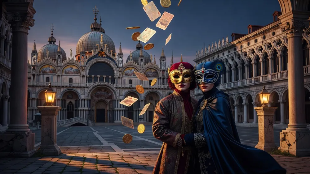 Masques of San Marco Slots Review - Dual Reels, Freefall & Free Spins slot review theme illustration, AI-generated and not an in-game screenshot.