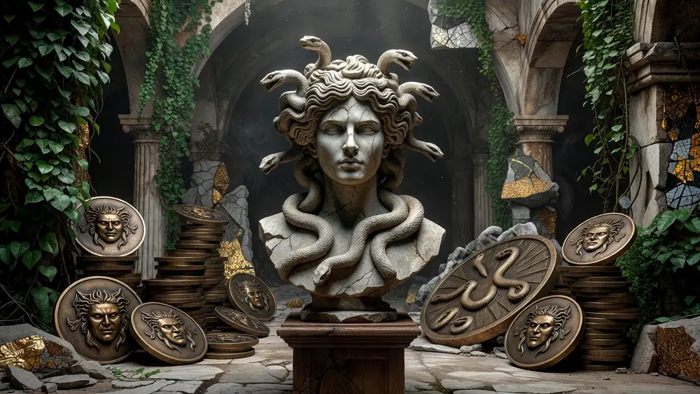 Medusa's Wild Slots Review - Stacked Wilds, Expanding Wilds & 75 Paylines slot review theme illustration, AI-generated and not an in-game screenshot.