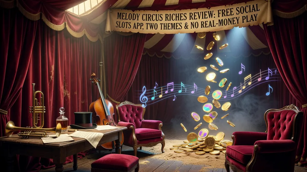 Melody Circus Riches Review: Free Social Slots App, Two Themes & No Real-Money Play slot review theme illustration, AI-generated and not an in-game screenshot.