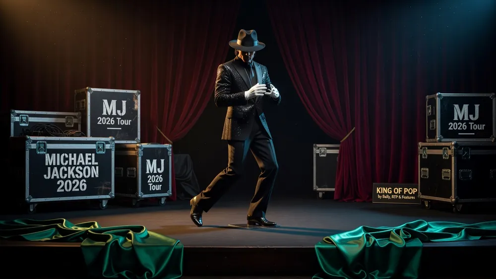 Michael Jackson 2026: King of Pop by Bally, RTP & Features slot review theme illustration, AI-generated and not an in-game screenshot.