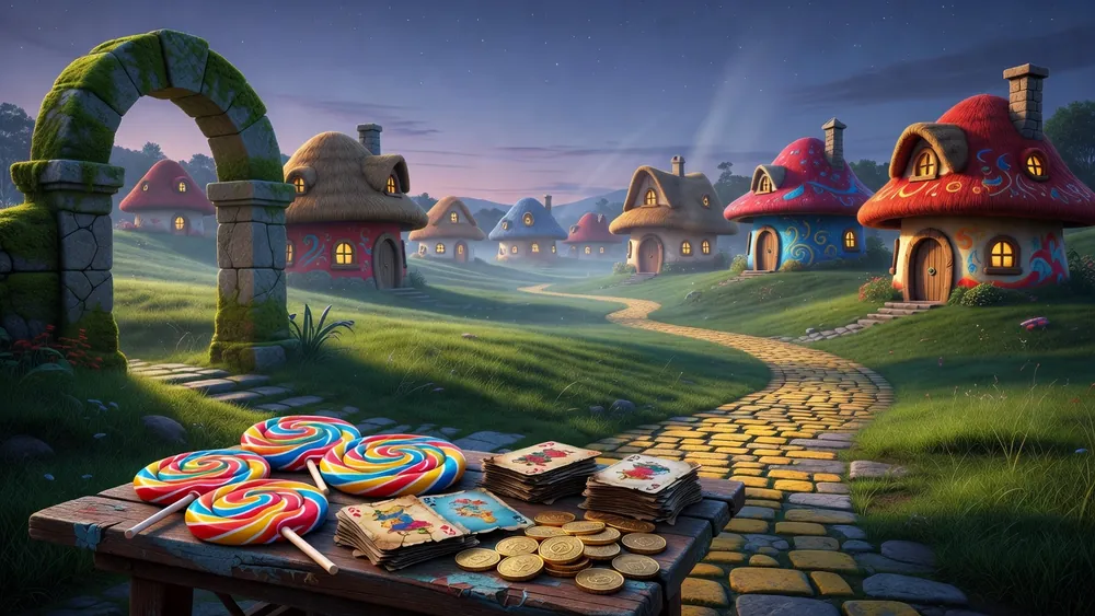 Munchkins Slots Review 2026: The Wizard of Oz Munchkinland by Light & Wonder slot review theme illustration, AI-generated and not an in-game screenshot.
