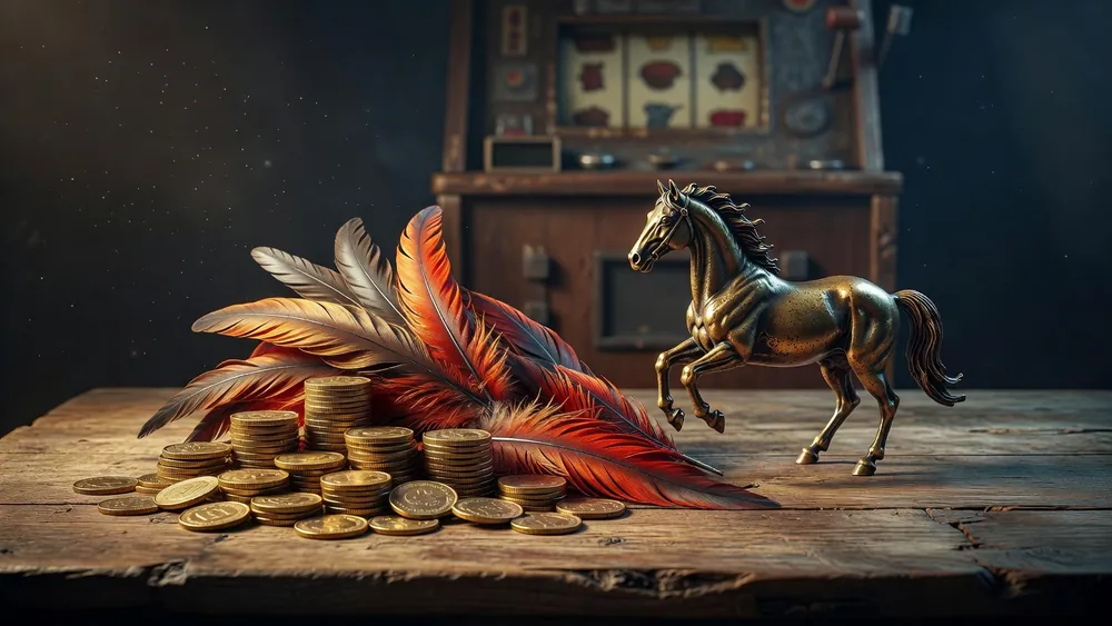 Mustang Money Raging Roosters Slots Review - Free Spins, Wild Multipliers & 4 Jackpots slot review theme illustration, AI-generated and not an in-game screenshot.