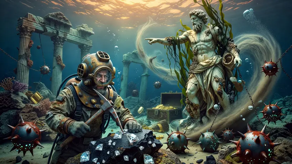 The Hunt for Neptune's Gold - Red Screen Free Spins, Diamond Hunt & Mine Field slot review theme illustration, AI-generated and not an in-game screenshot.