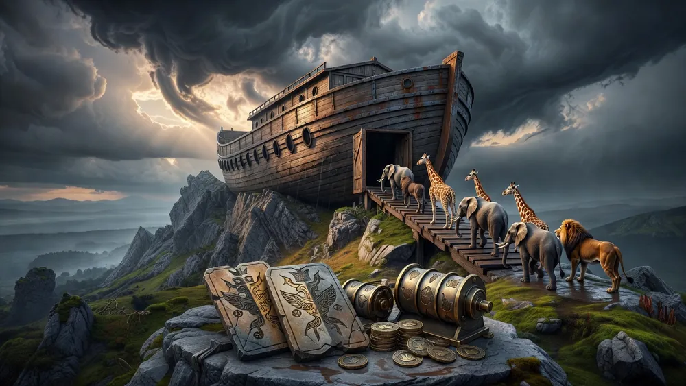 Noah's Ark Slots Review - Split Symbols, Free Games & 30 Paylines slot review theme illustration, AI-generated and not an in-game screenshot.