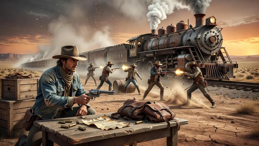 Outlaw Waysfecta Slots Review - Waysfecta Reels, Shootout & Train Heist slot review theme illustration, AI-generated and not an in-game screenshot.